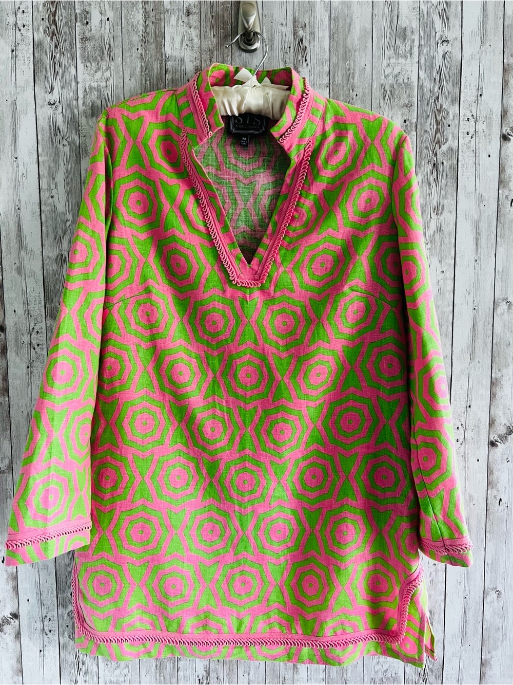 Sail to Sable Pink Green Geometric Linen Mini Dress Resort Summer Preppy Medium